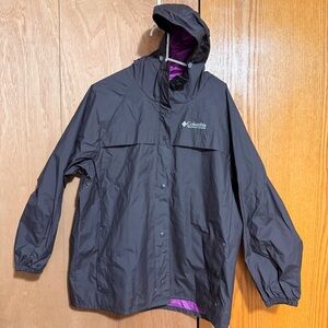 Columbia Charcoal Hooded rain Jacket with Purple Interior